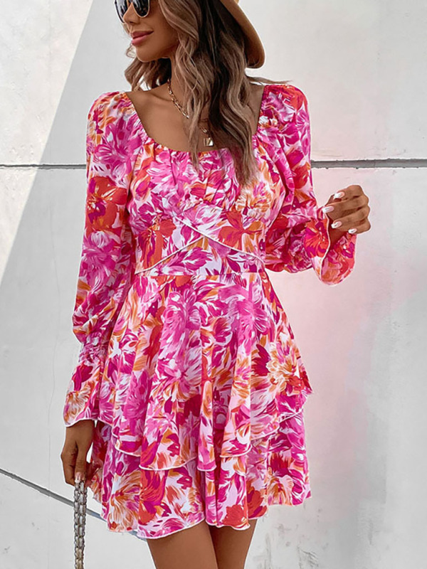 Mature Women Casual Square Neck Print Ruffle Sleeve Mini Dress