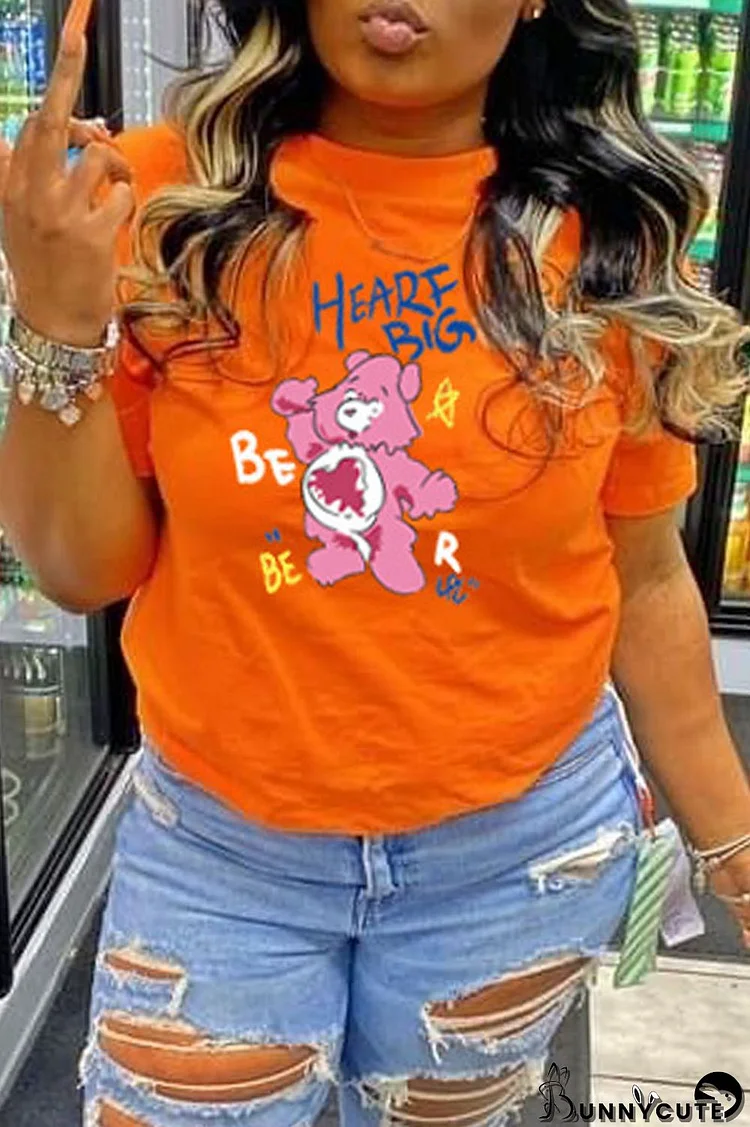 Orange Fashion Casual Cartoon Print Basic O Neck T-Shirts