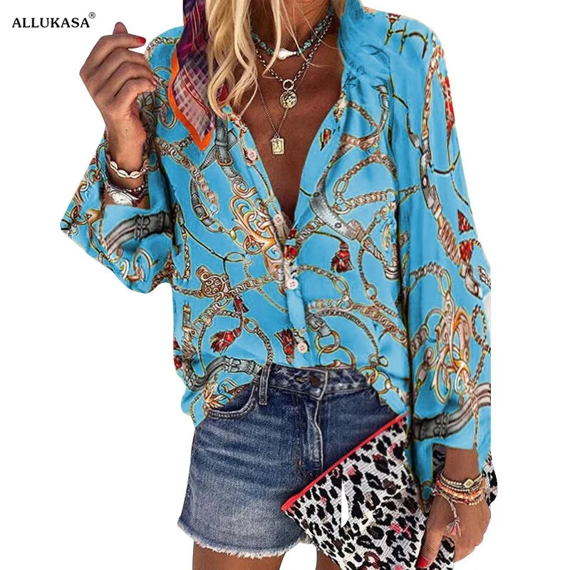 Women Blouse V-neck Long Sleeve New Design Plus Size Chains Print Loose casual Shirts Womens 2020 Tops And Blouses blusas largas