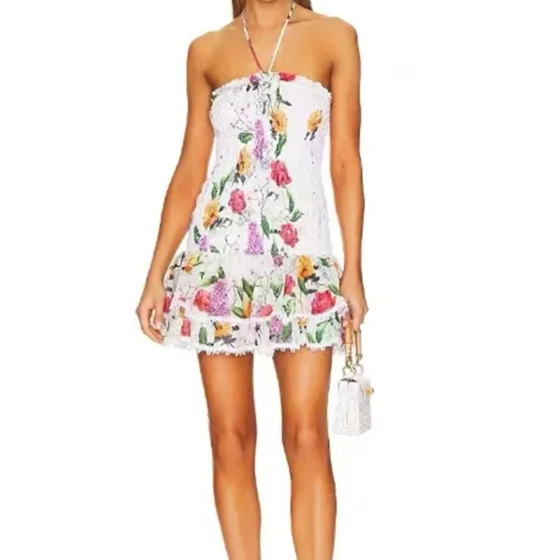 Brownm Spring 2025 New Fashion Sexy Hanging Neck Wrinkles Waist Print Design Short Tective Bag Hip Dress
