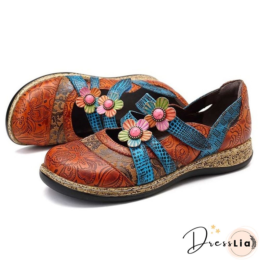 Womens Retro British Floral Leather Sandals Color Stitching Shackles Stripes 