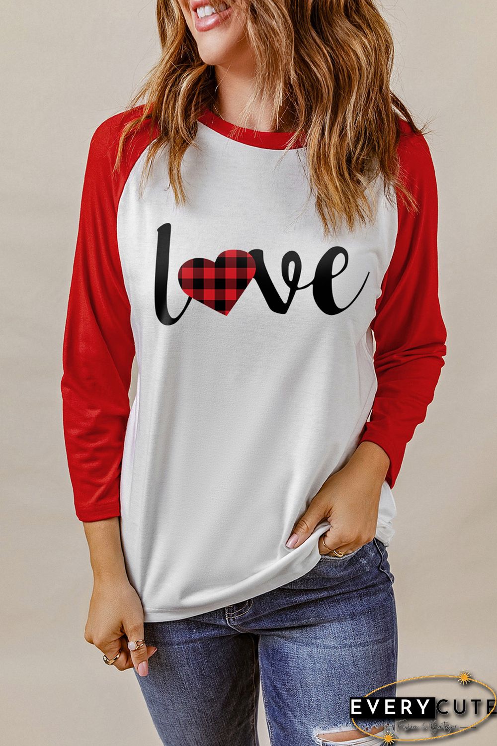 Red Love Plaid Heart Color Block 3/4 Sleeve Top