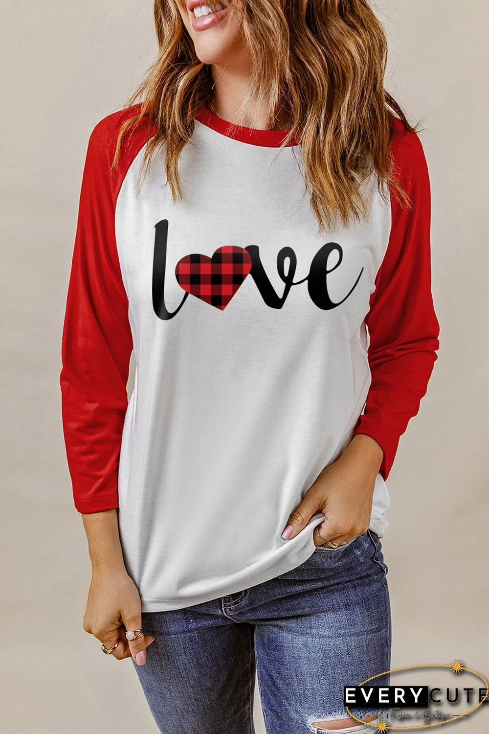 Red Love Plaid Heart Color Block 3/4 Sleeve Top