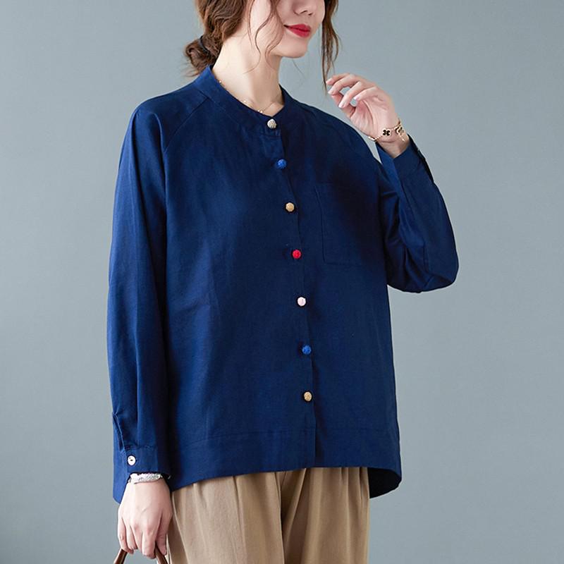 Women Casual Solid Color Loose Cotton Linen Blouses&Shirts