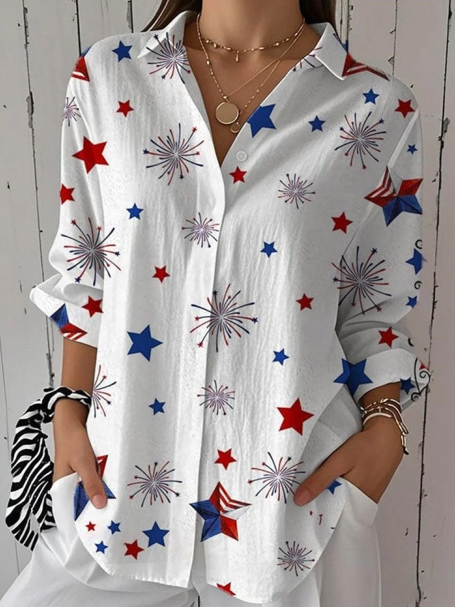 Women 3/4 Sleeve Shirt Collar National Flag Printed Graphic Button Tops