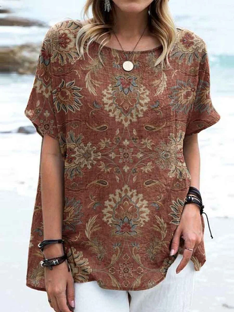 Women's Elegant Retro Floral Pattern Round Neck Cotton and Linen Top