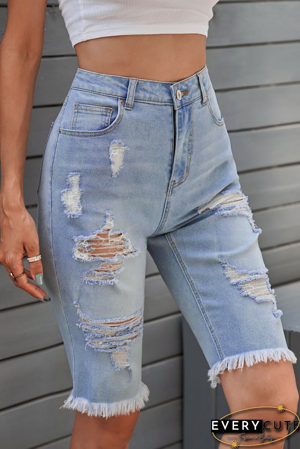 Light Blue Distressed Denim Bermuda Shorts