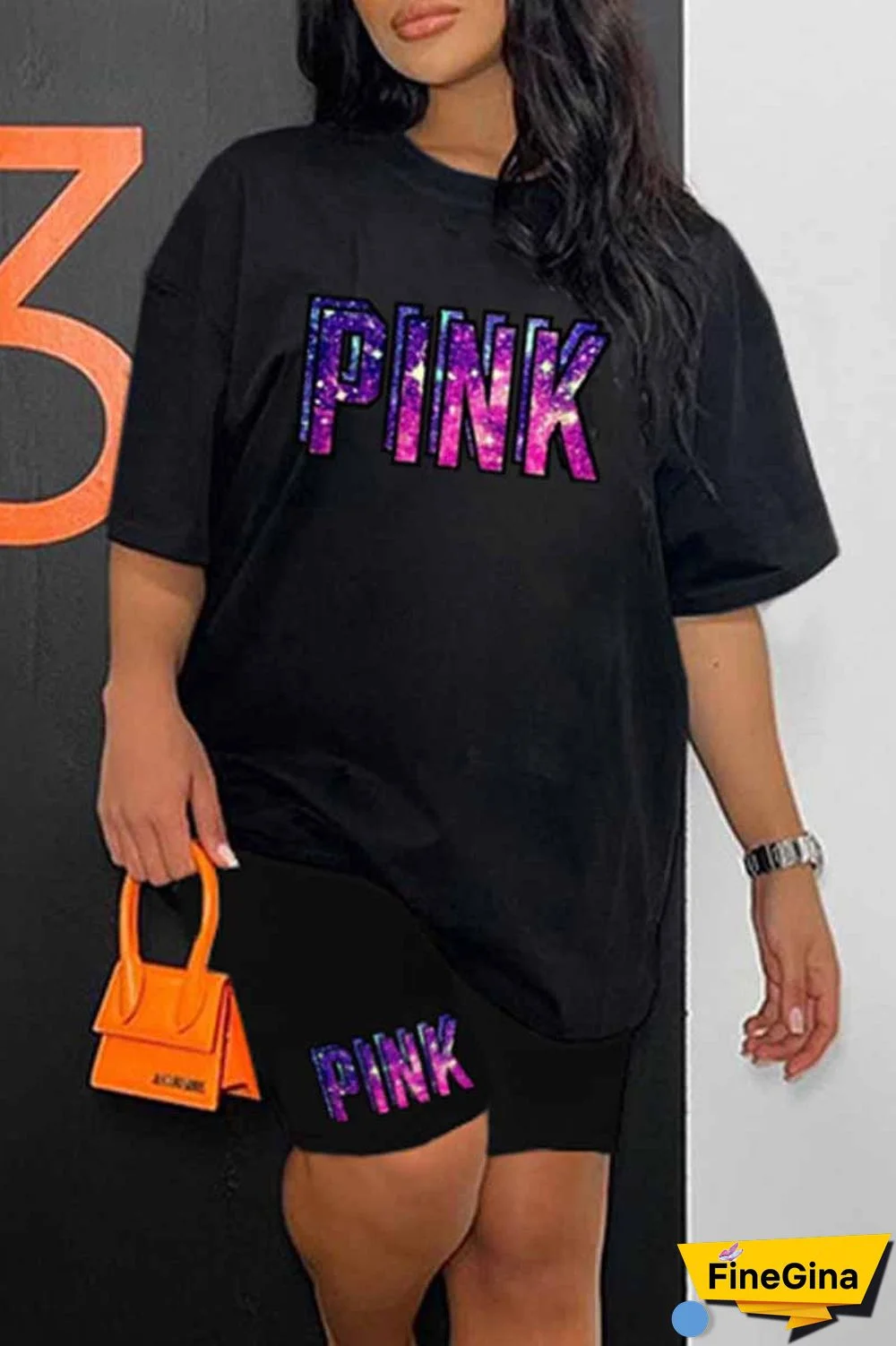 Blue Casual Print Letter O Neck Short Sleeve Two Pieces