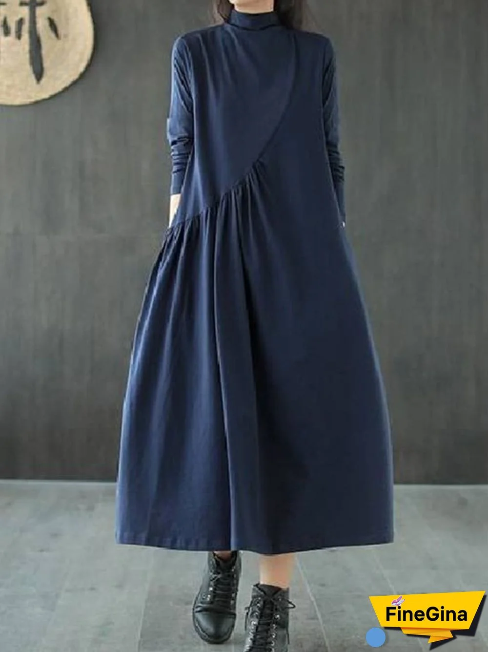 Women's Fashion Fall Ruched Half High Neck Midi Dresses with Pockets