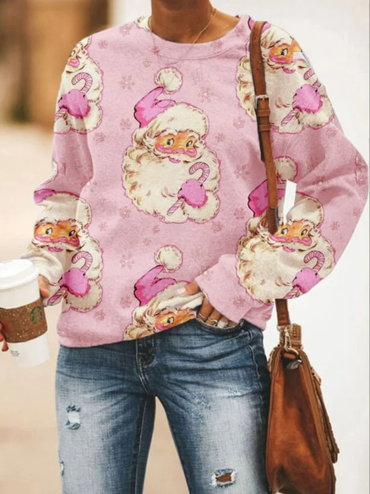 Wearshes Santa Print Casual Crewneck Long Sleeve Sweatshirt