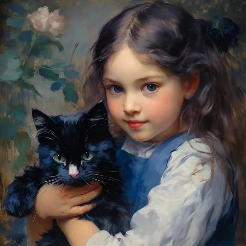 Full Round Diamond Painting - Girl Black Cat(Canvas|30*30cm)