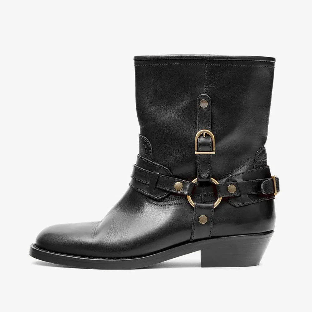 Fashion Closed Toe Low Heel Studded Black Ankle Boots for Women