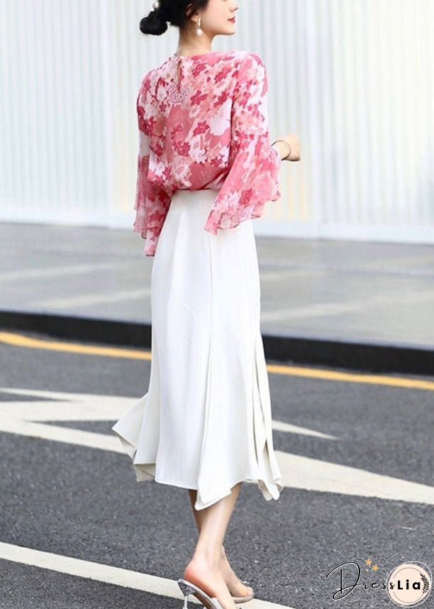Modern Pink Print Chiffon Shirts Tops Flare Sleeve
