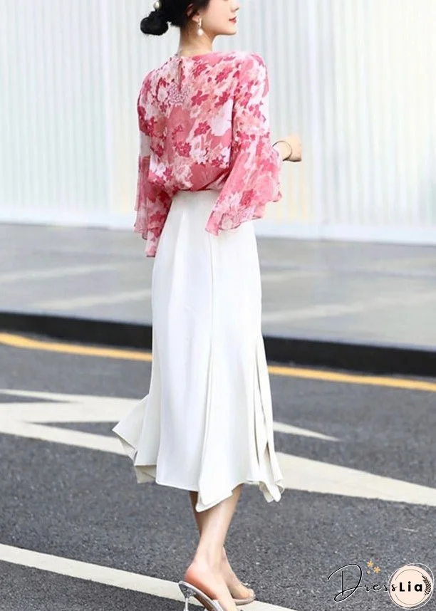 Modern Pink Print Chiffon Shirts Tops Flare Sleeve