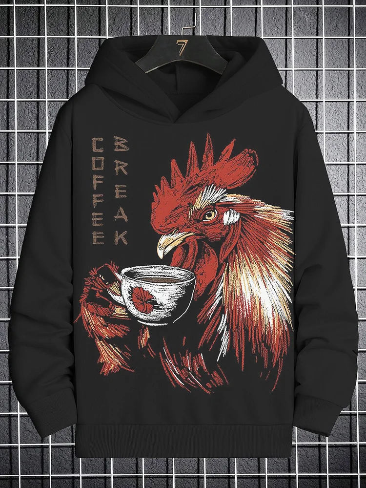 Men's Rooster Drinking Coffee Funny Art Print Hooded Sweatshirt