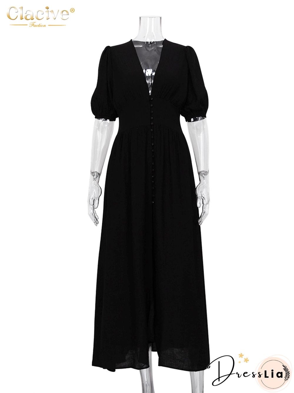 Clacive White Sexy Single-Breasted Women'S Dress Elegant Short Sleeve V-Neck Party Dresses Lady Casual Slim Midi Dress