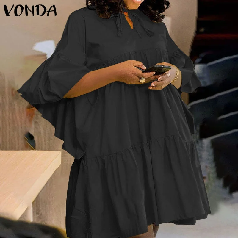 Summer Mini Dress 2022 VONDA Women 3/4 Flare Sleeve Pleated Party Dresses Flare Sleeve Plain Robe Bohemian Casual Beach Sundress