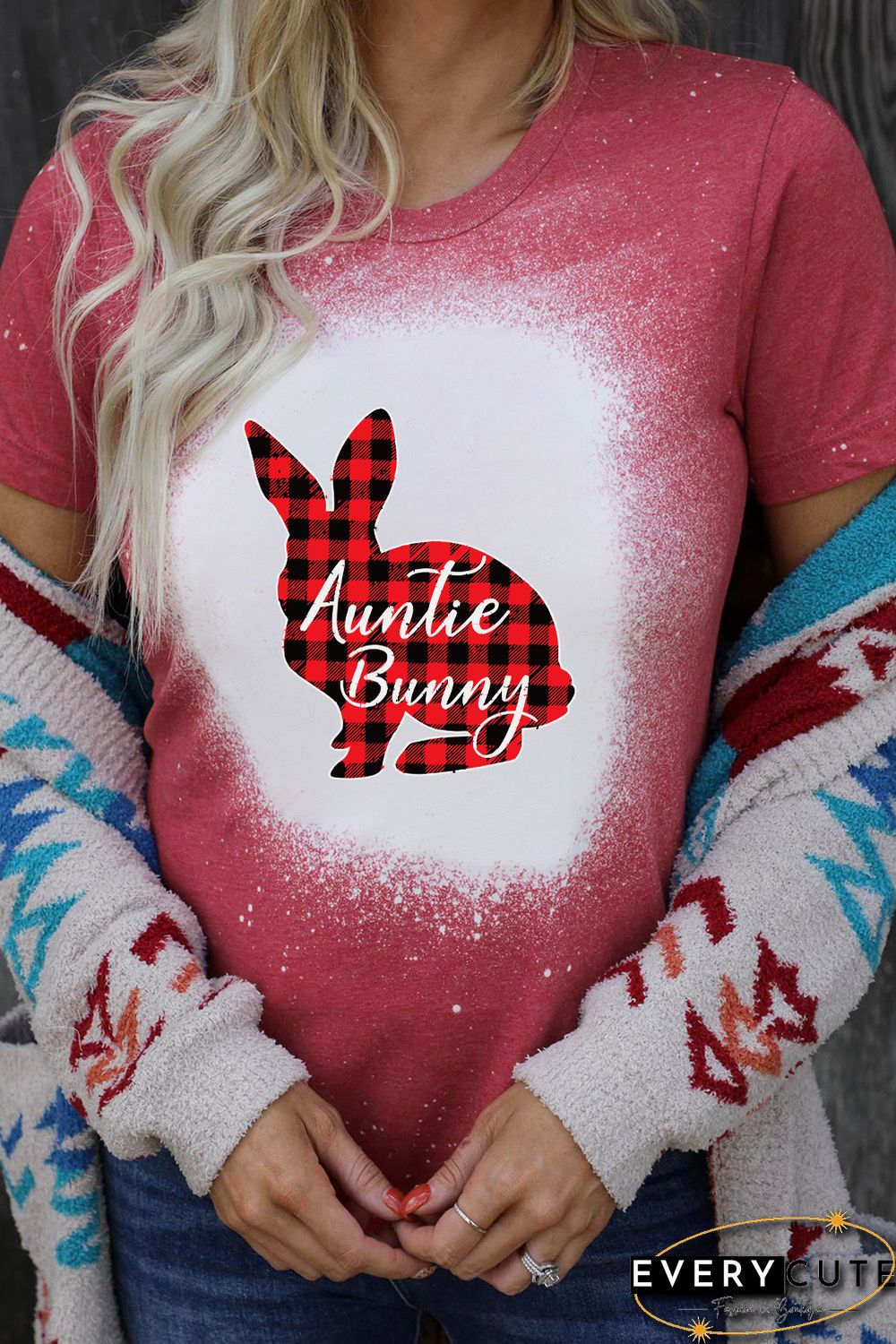 Red Auntie Bunny Plaid Graphic Print Short Sleeve Tee