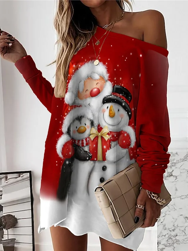 Women‘s Christmas Casual Dress Sweatshirt Dress Mini Dress Warm Fashion Outdoor Holiday Crew Neck Print Santa Claus Snowman Loose Fit White Red Royal Blue S M L XL XXL