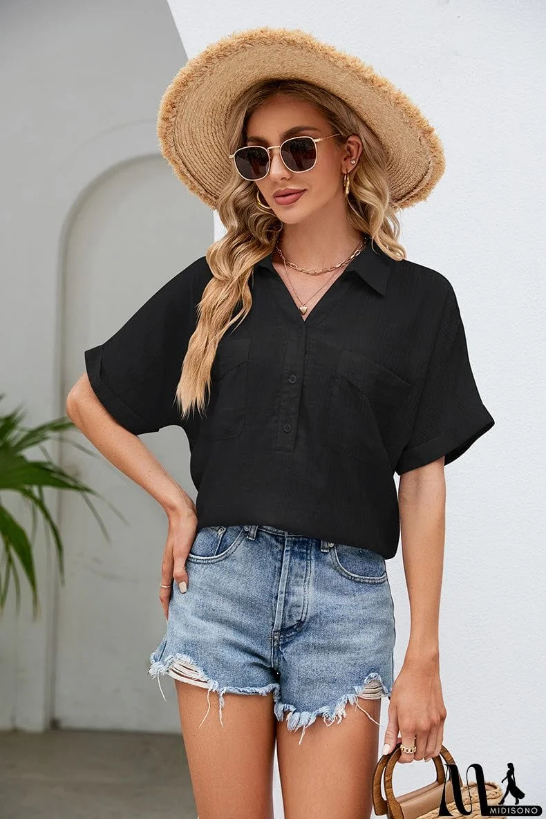 MidiSono - Half Button Johnny Collar Blouse