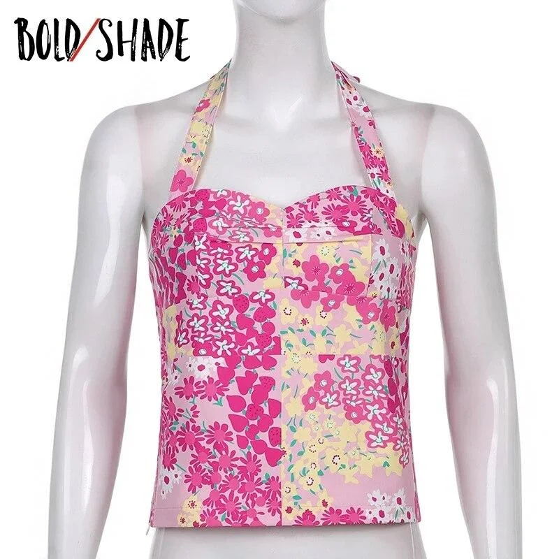 Bold Shade Aesthetic Fashion E-girl Cami Halter Tops Floral Print Ruched 90s Vintage Clothes Style Sexy Hot Bustier Top Summer