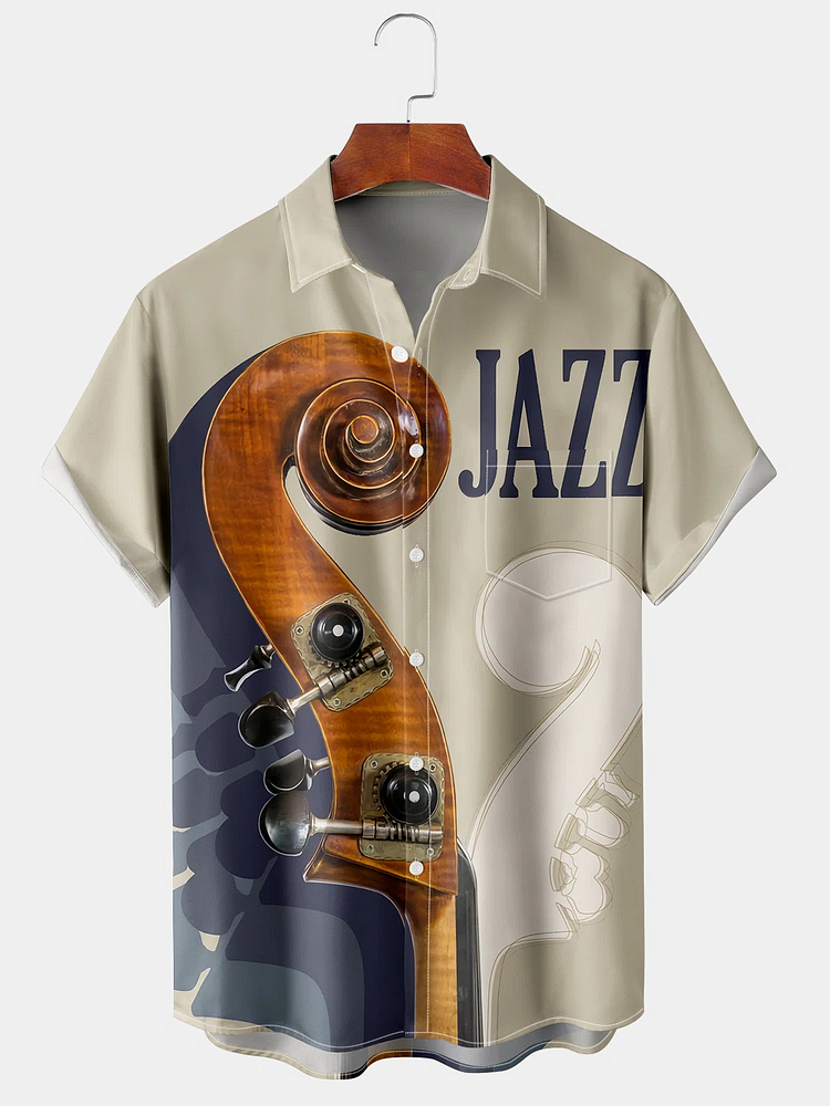 Mens Retro Jazz Music Guitar Print Lapel Chest Pocket Short Sleeve Hawaiian Shirts