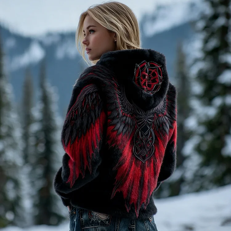 Women's Retro Celtic Knot Phoenix Wings Art Flannel Hoodie