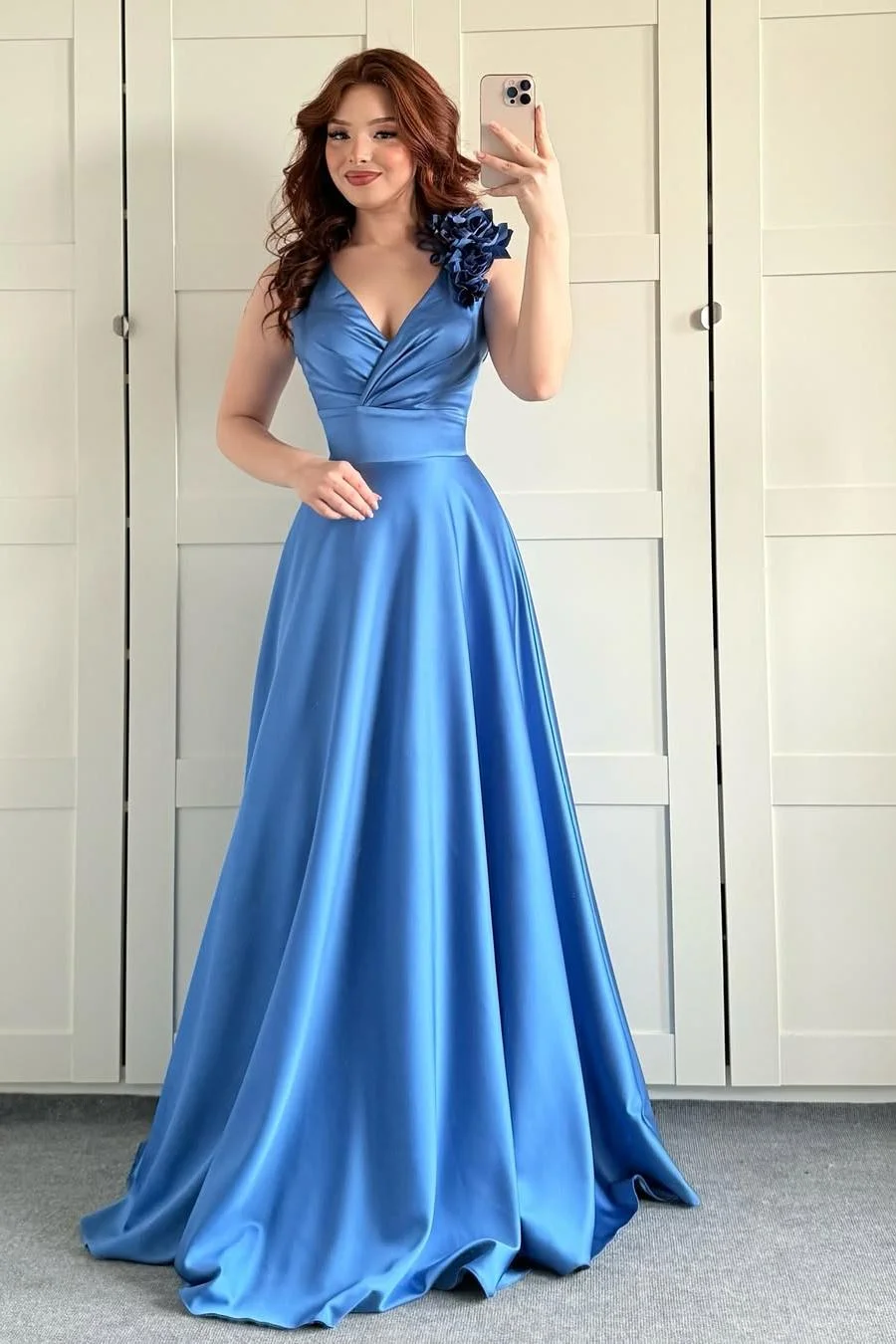 Miabel Charming Royal Blue Satin Spaghetti Strap Sleeveless V Neck Prom Dress with Flowers 