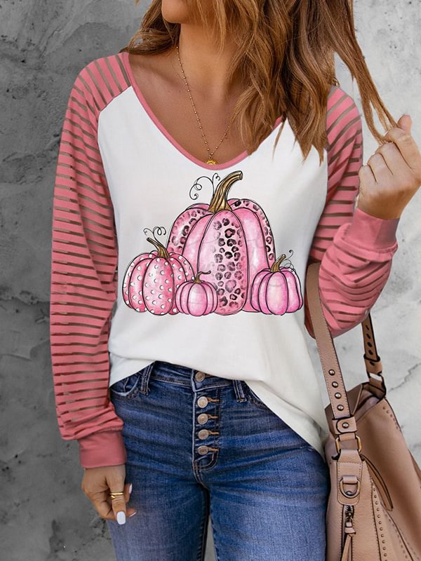 Pink Pumpkins Print Long Sleeve Blouse