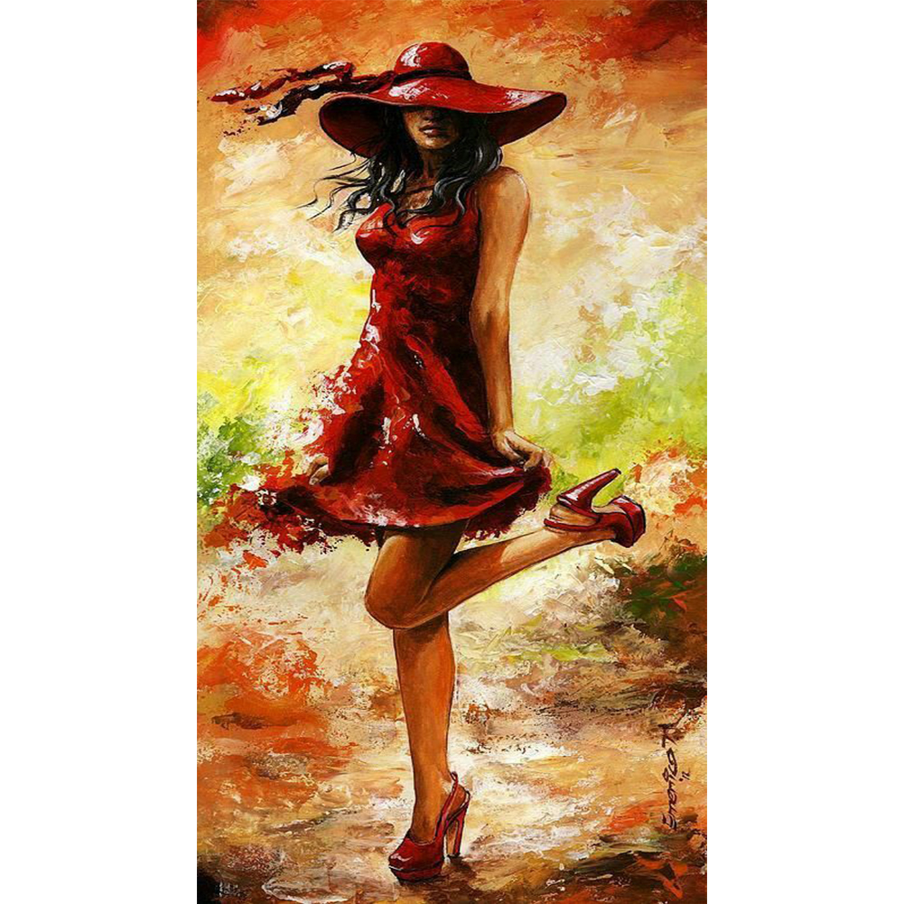 

30*50CM - Round Drill Diamond Painting - Red Dress Beauty, 501 Original