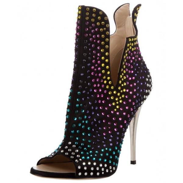 Black Fall Boots Peep Toe Cut out Colorful Rhinestone Hotfix Booties