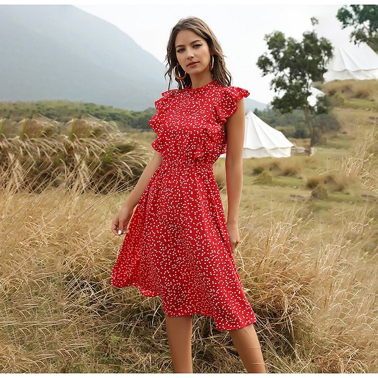 Dress Women Elegant Summer Floral Print Ruffle A-line Sundress Casual Fitted Clothes To Knees 2022 Red Dresses For Women