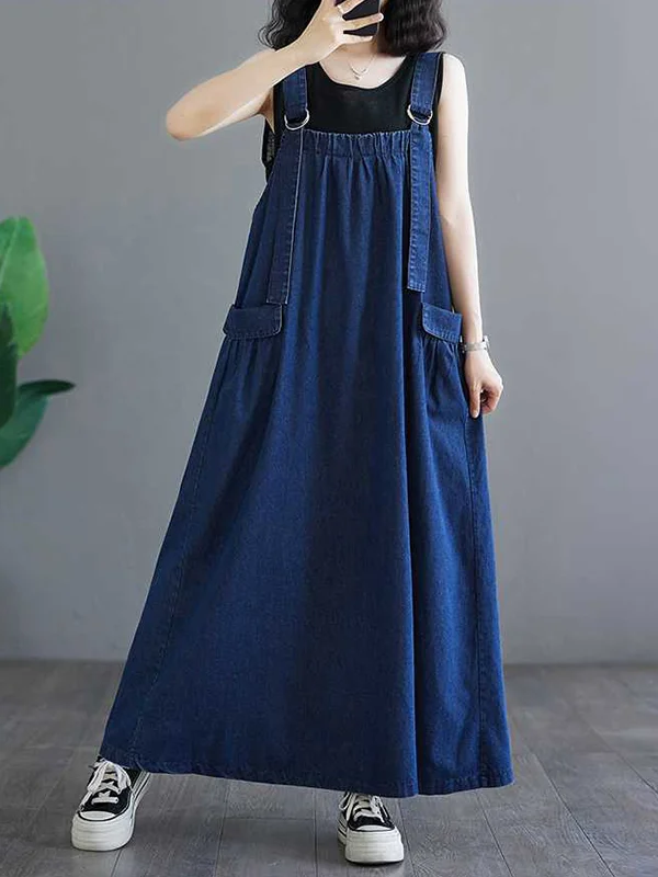 Pleated Pockets Split-Joint A-Line Loose Spaghetti-Neck Suspender Dress Maxi Dresses