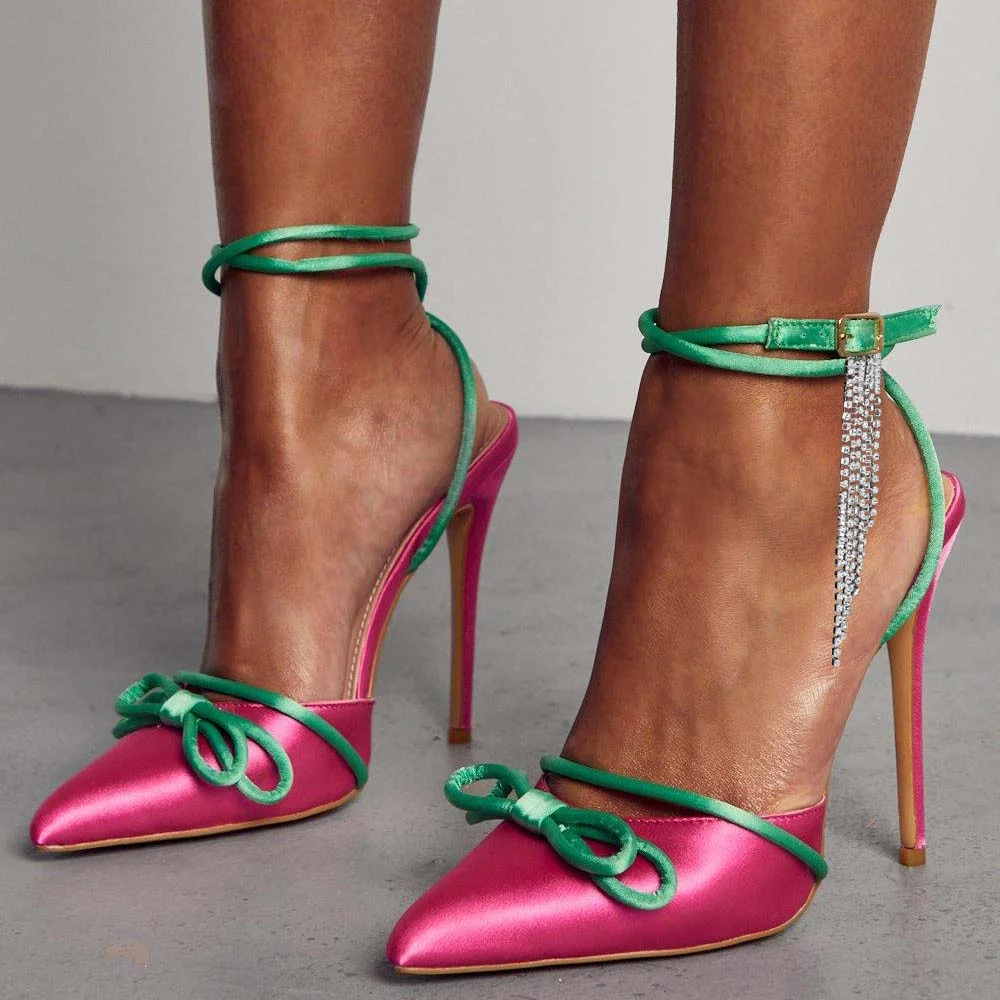 Multicolor Satin Pumps Ankle Strap Heels With Rhinestone Tassle Nicepairs