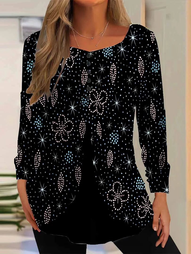 Women Graphic,Black DZGG8336 Long Sleeve Scoop Neck Printed Graphic Button Fake 2in1 Tops