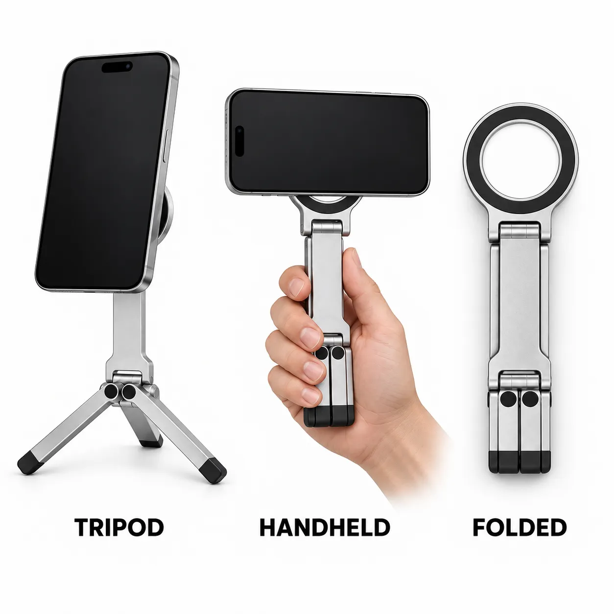 Tripod handheld and folded storage modes