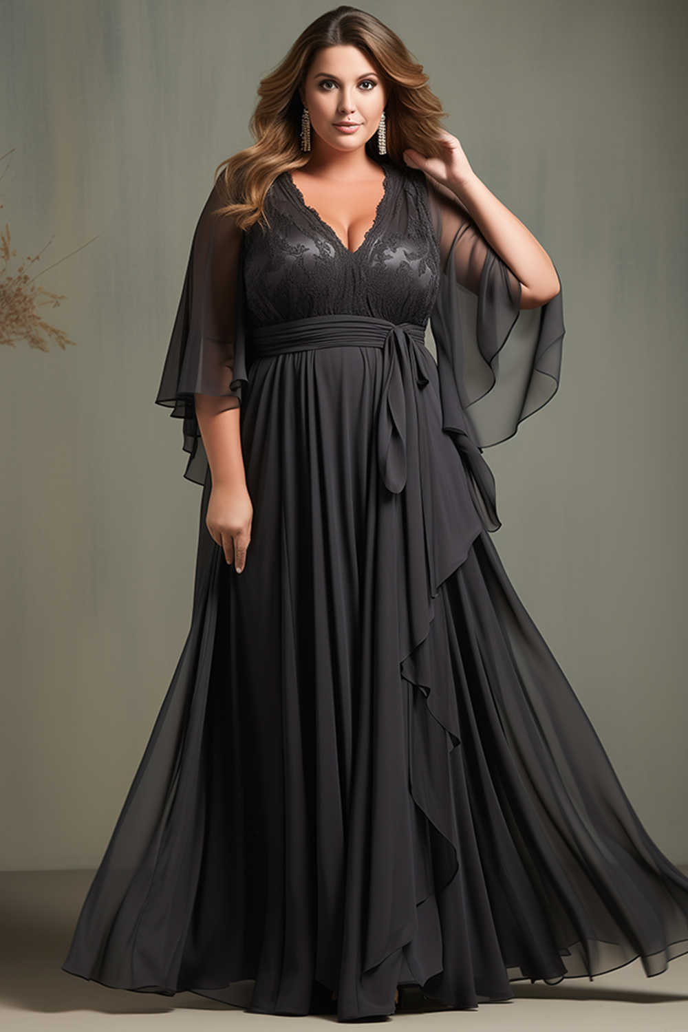 Flycurvy Plus Size Wedding Guest Black Chiffon Lace Flutter Sleeve Asymmetrical Hem Maxi Dress