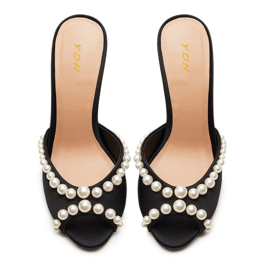 Satin Pearl Embellished Wide Band Elegant Mules with Stiletto Heel