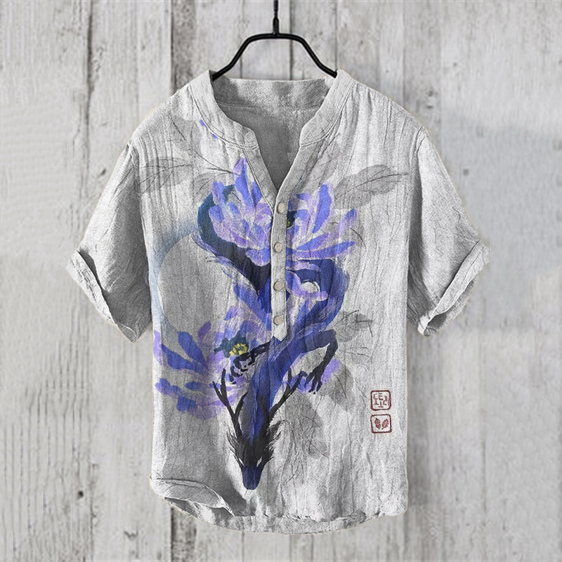 Men's Japanese Art V Neck Linen Blend Shirt