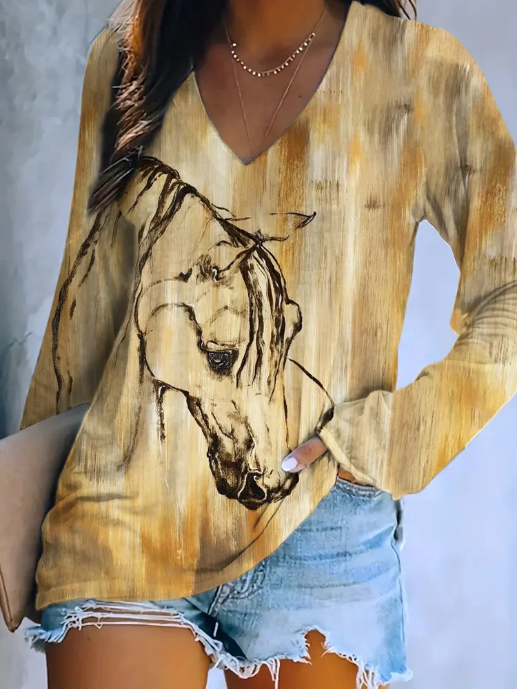 VChics Western Horse Oil Art Long Sleeve V-Neck T-Shirt