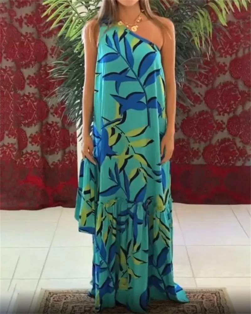 Kaftan Print One Shoulder Sleeve Maxi Dress