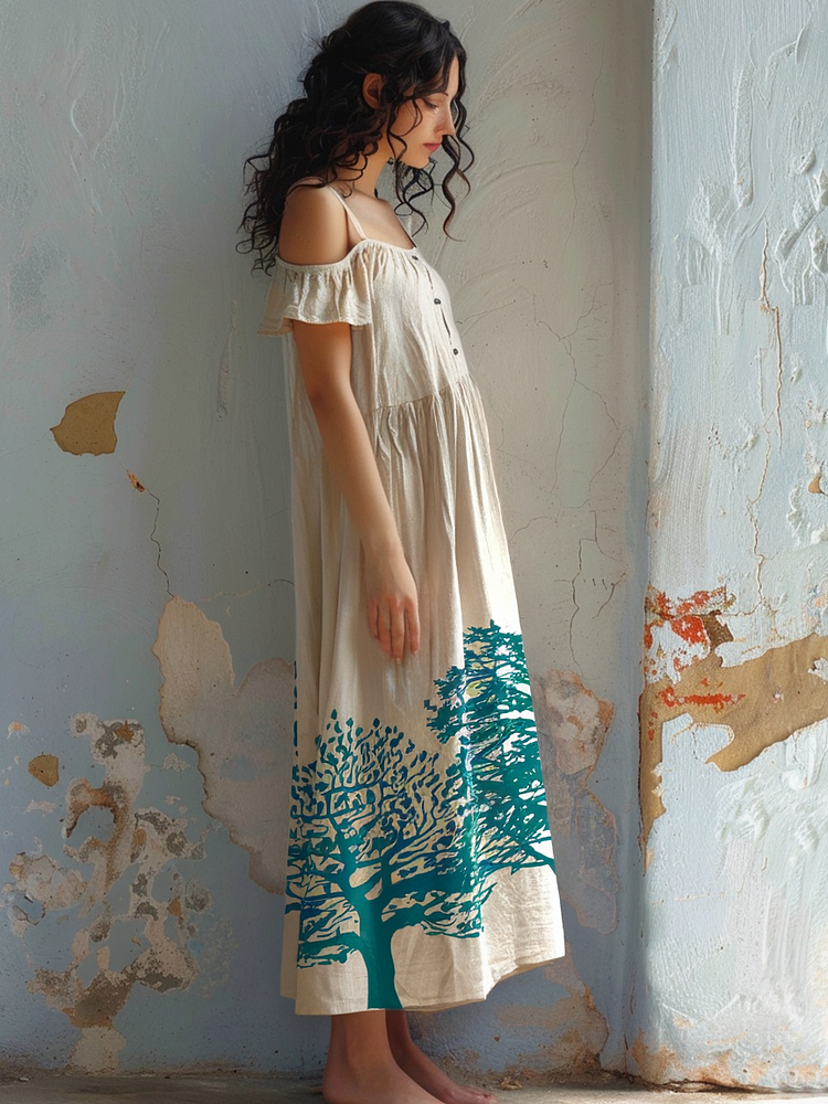 Cotton & Linen Floral Print Casual Slip Dress