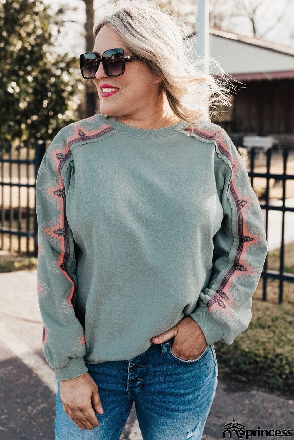 Plus Size Embroidered Patchwork Long Sleeve Sweatshirt