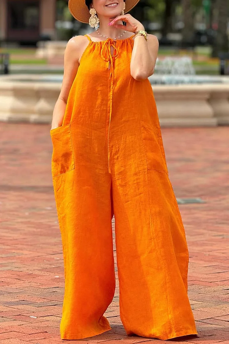 Plus Size Vacation Orange Casual Pocket Wide Leg Linen Jumpsuits 2024 - Xpluswear