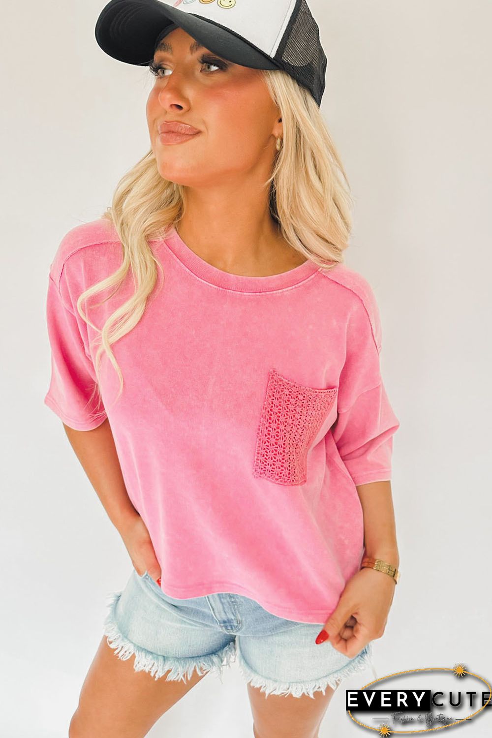 Pink Acid Wash Lace Patch Pocket T-Shirt