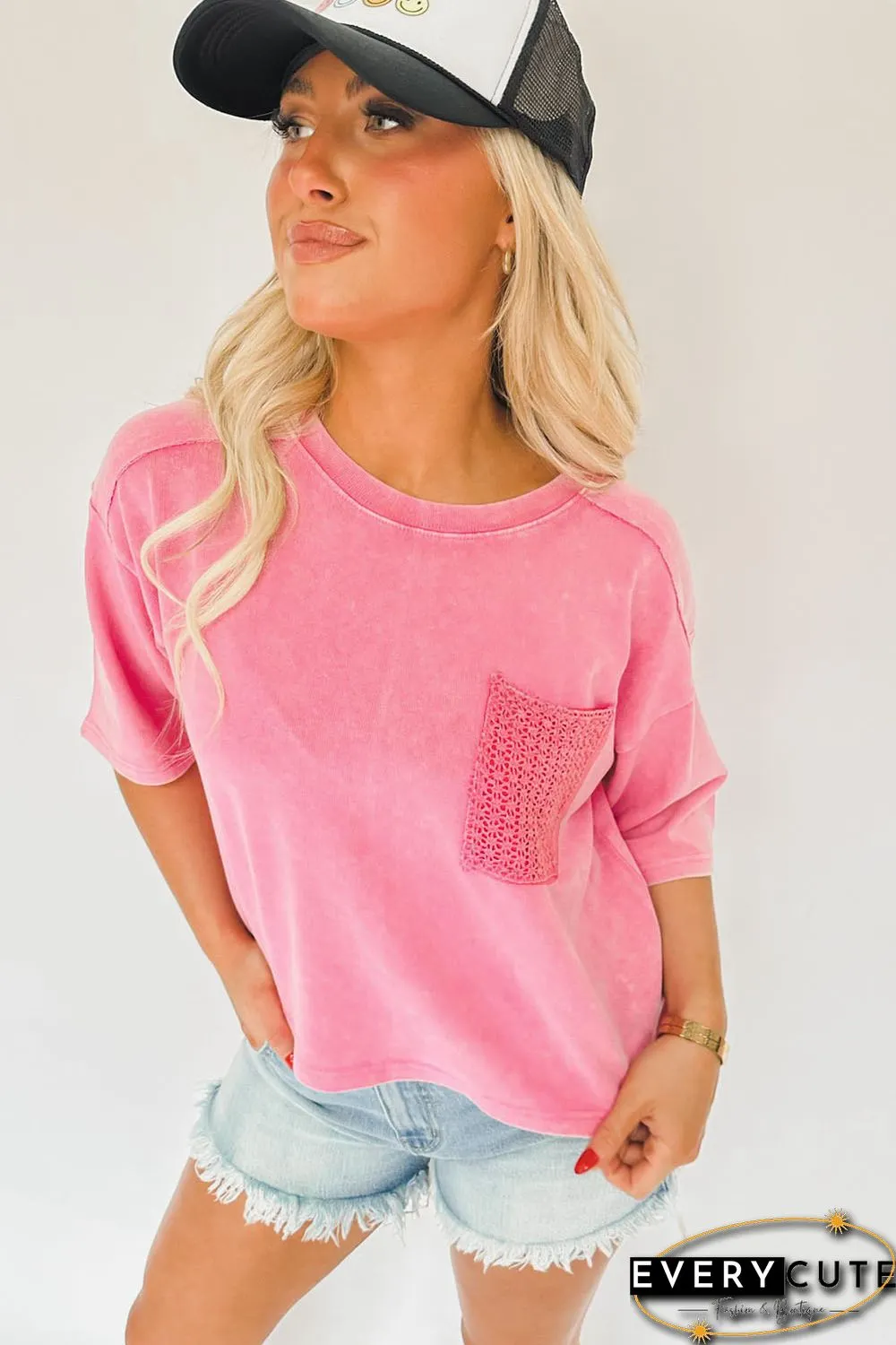 Pink Acid Wash Lace Patch Pocket T-Shirt