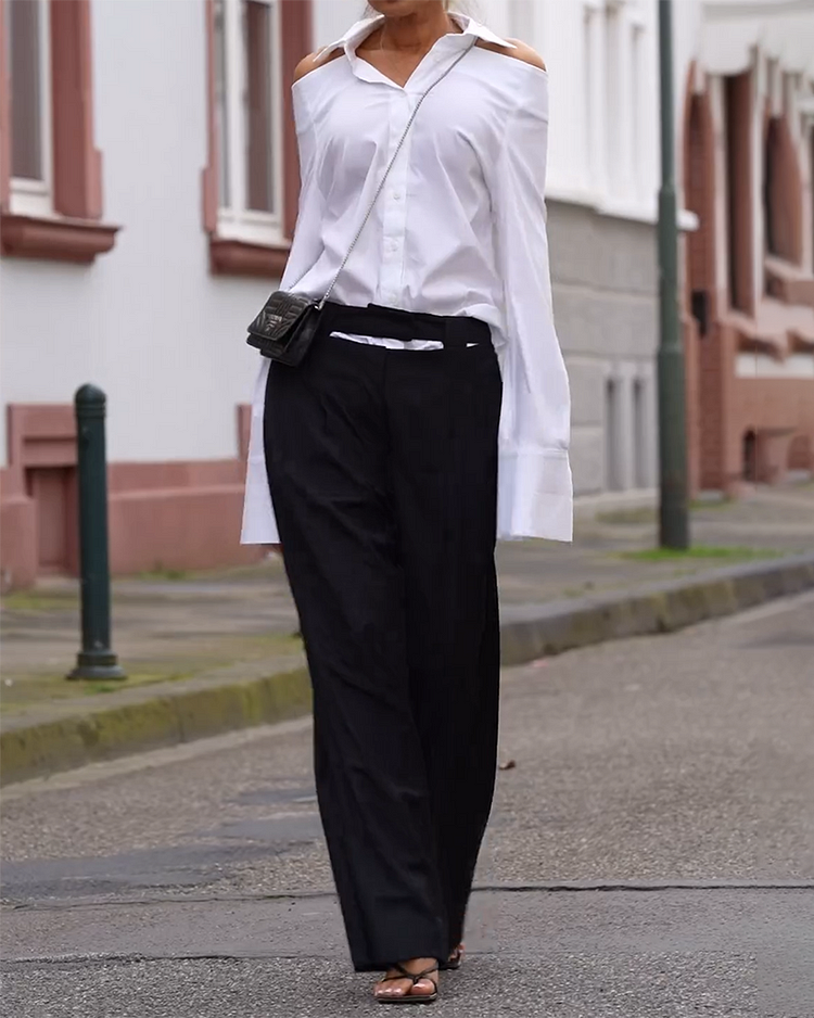 Lapel Long Sleeve Off-shoulder Top and Pants Two-piece Suit