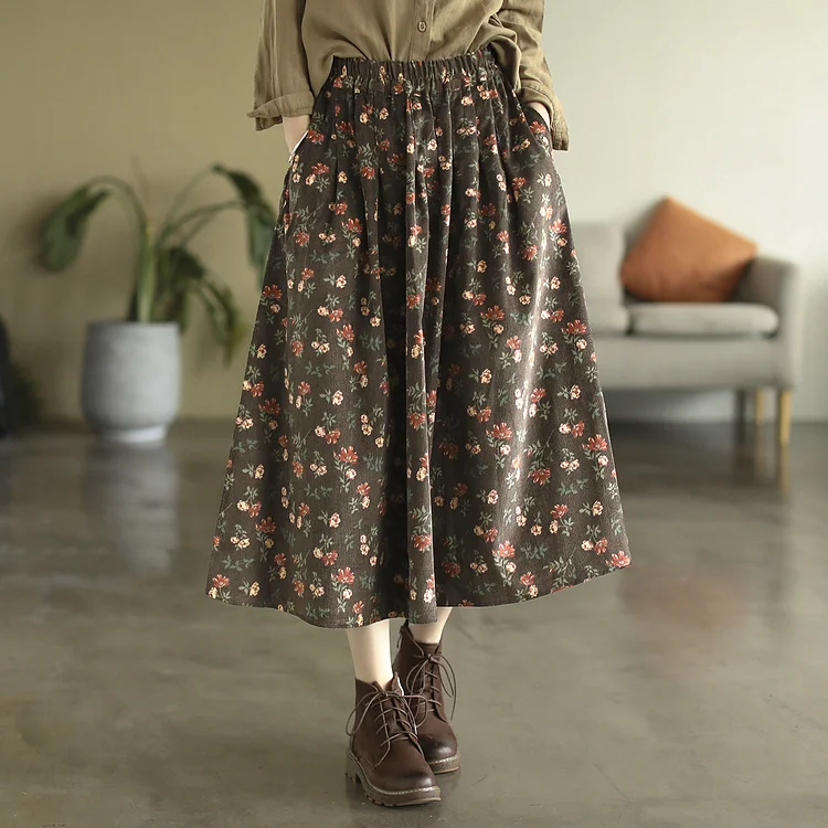 Vintage Plus Size Corduroy Floral Skirt