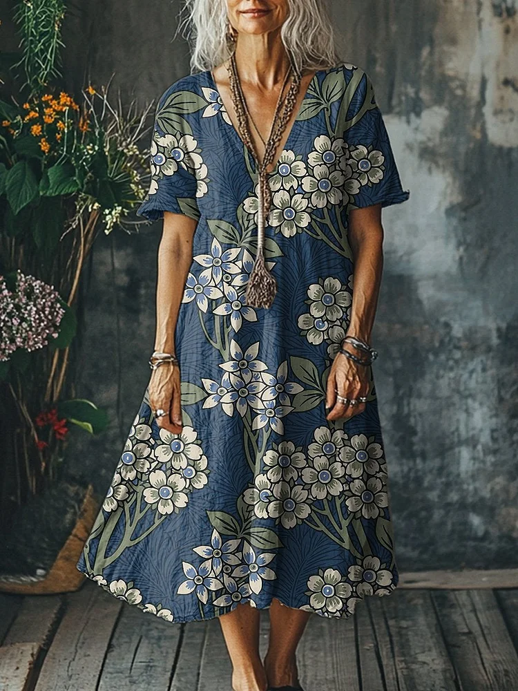 Women's  Flowers Art  Print Pocket Cotton Dress
