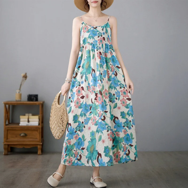 Uveng Uveng Summer New Literary And Art Large Print Cotton Dress Women's National Style Sleeveless Slings Long Skirt